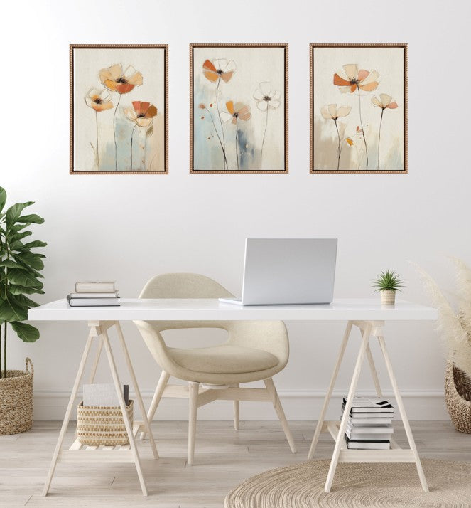 Sylvie Neutral Blue Elegant Country Wildflowers Framed Canvas Art Set by The Creative Bunch Studio