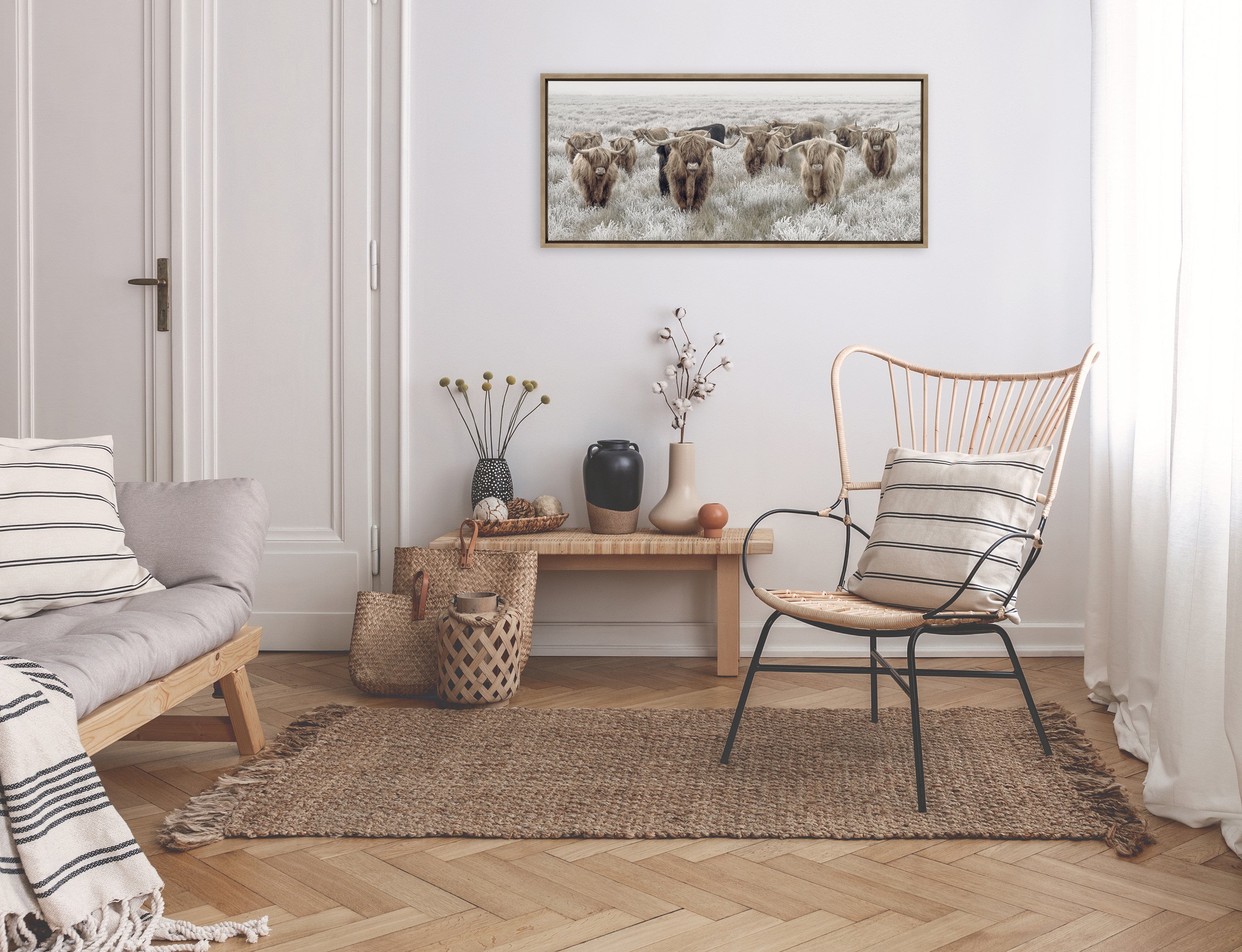 Sylvie Herd of Highland Cows Color Framed Canvas by The Creative Bunch Studio