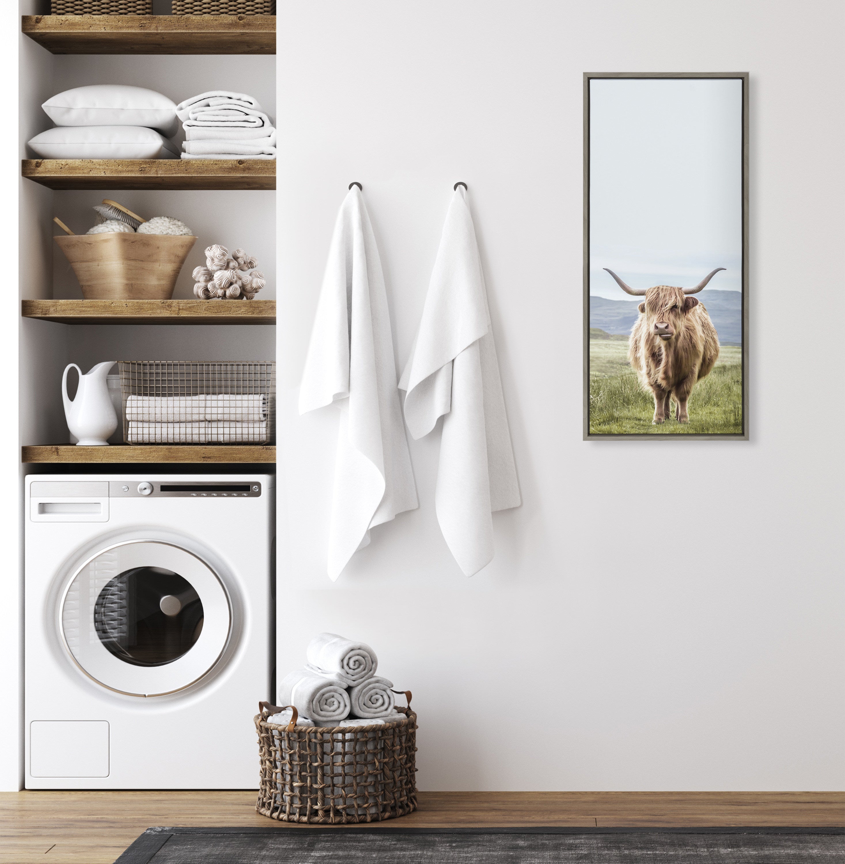 Sylvie Highland Cow Mountain Landscape Framed Canvas by The Creative Bunch Studio