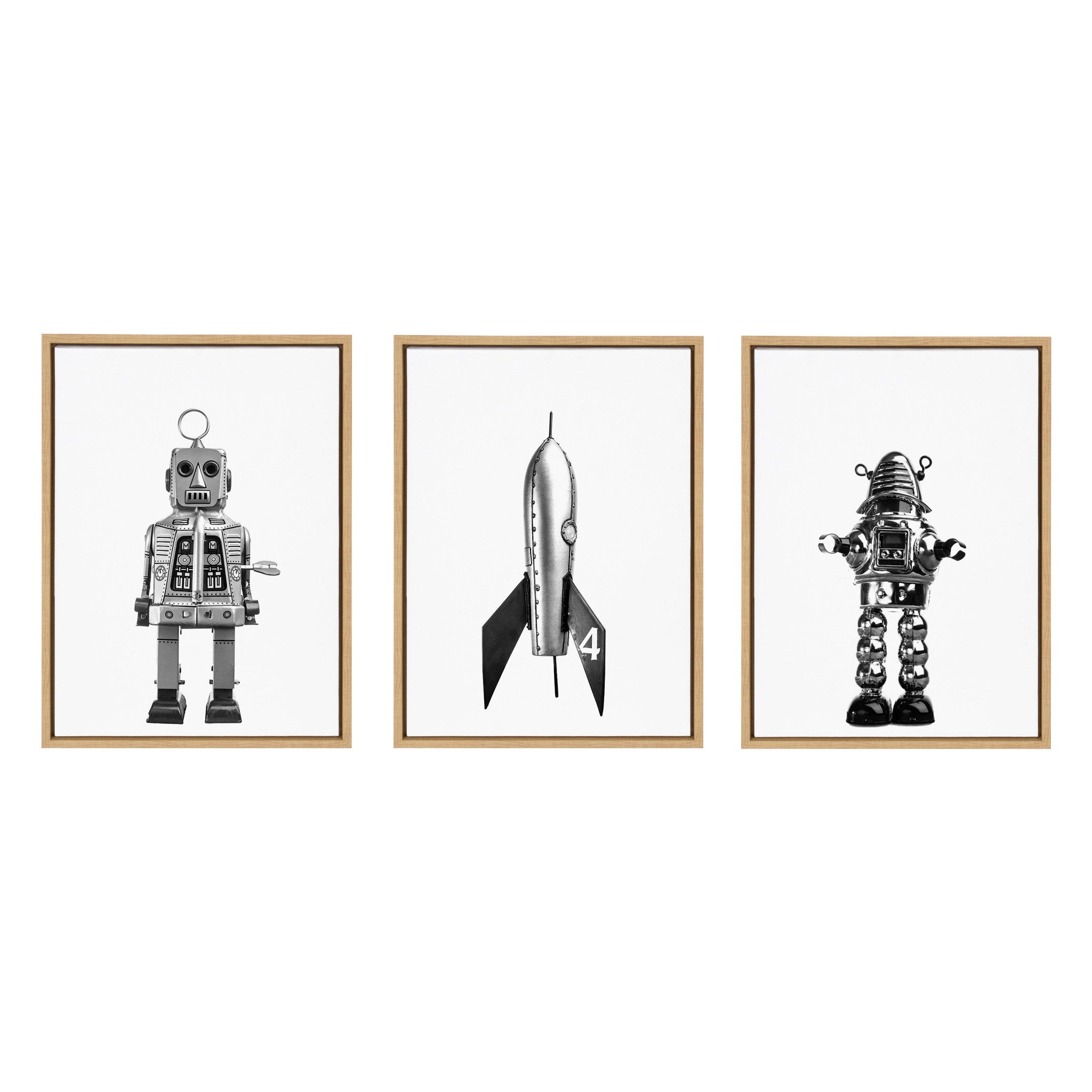 Sylvie Sparky Space Robot, No 4 Rocket and Robbey Robot Black and White Set Framed Canvas Art Set by Saint and Sailor Studios