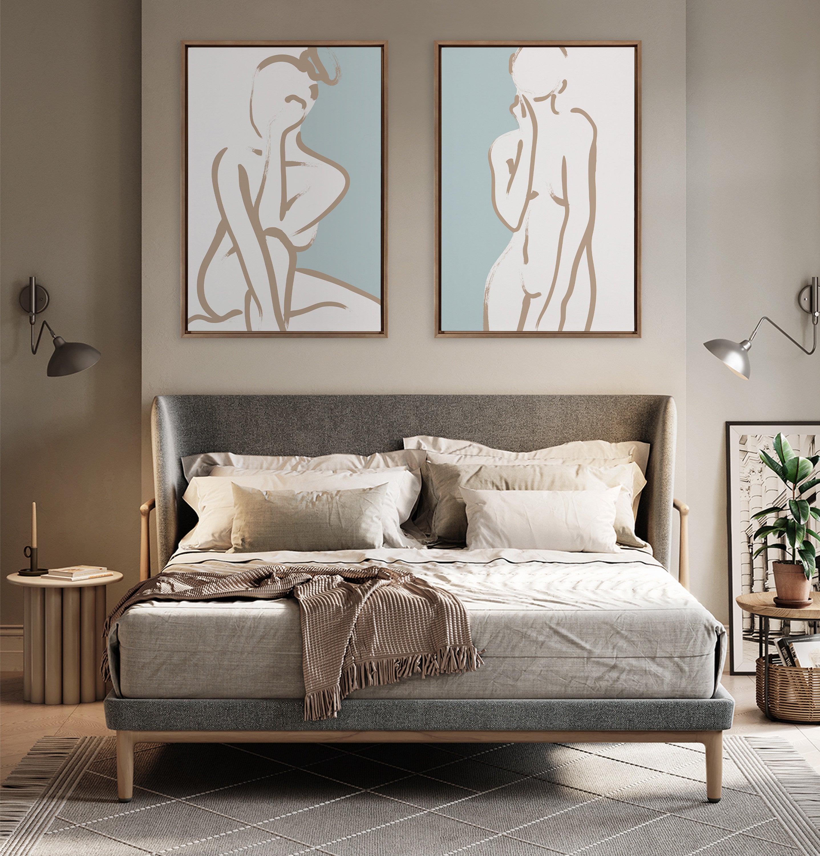 Sylvie Simple Romantic Line Art Drawing 2 Tan and Teal Framed Canvas by The Creative Bunch Studio