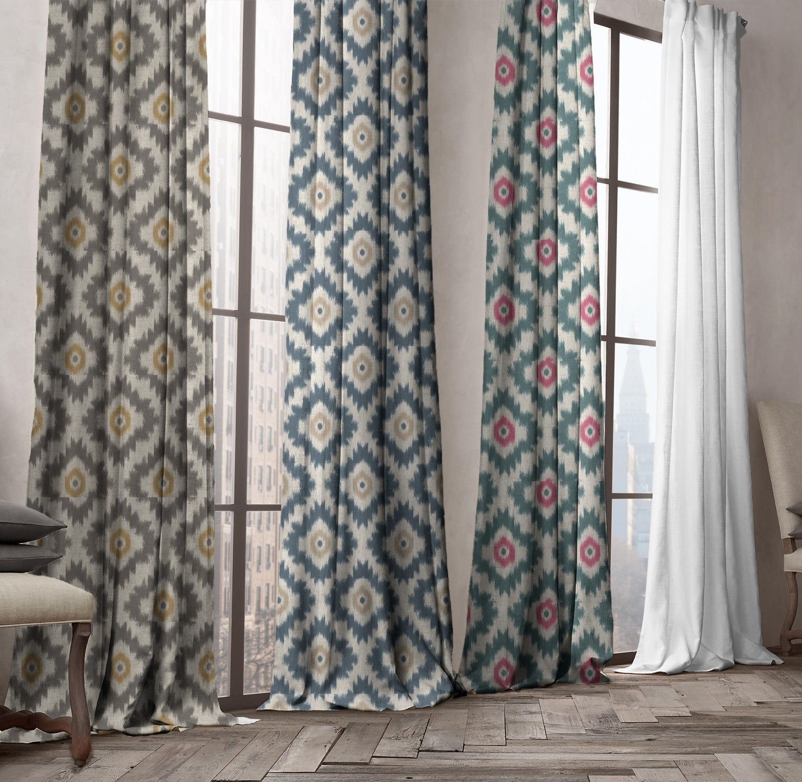 Ikat Cotton Linen Pinch Pleat Curtains - Pink Turq, Natural Blue, Grey Ochre | Made to Measure & Standard Sizes | Blackout & Light Filtering Options-4