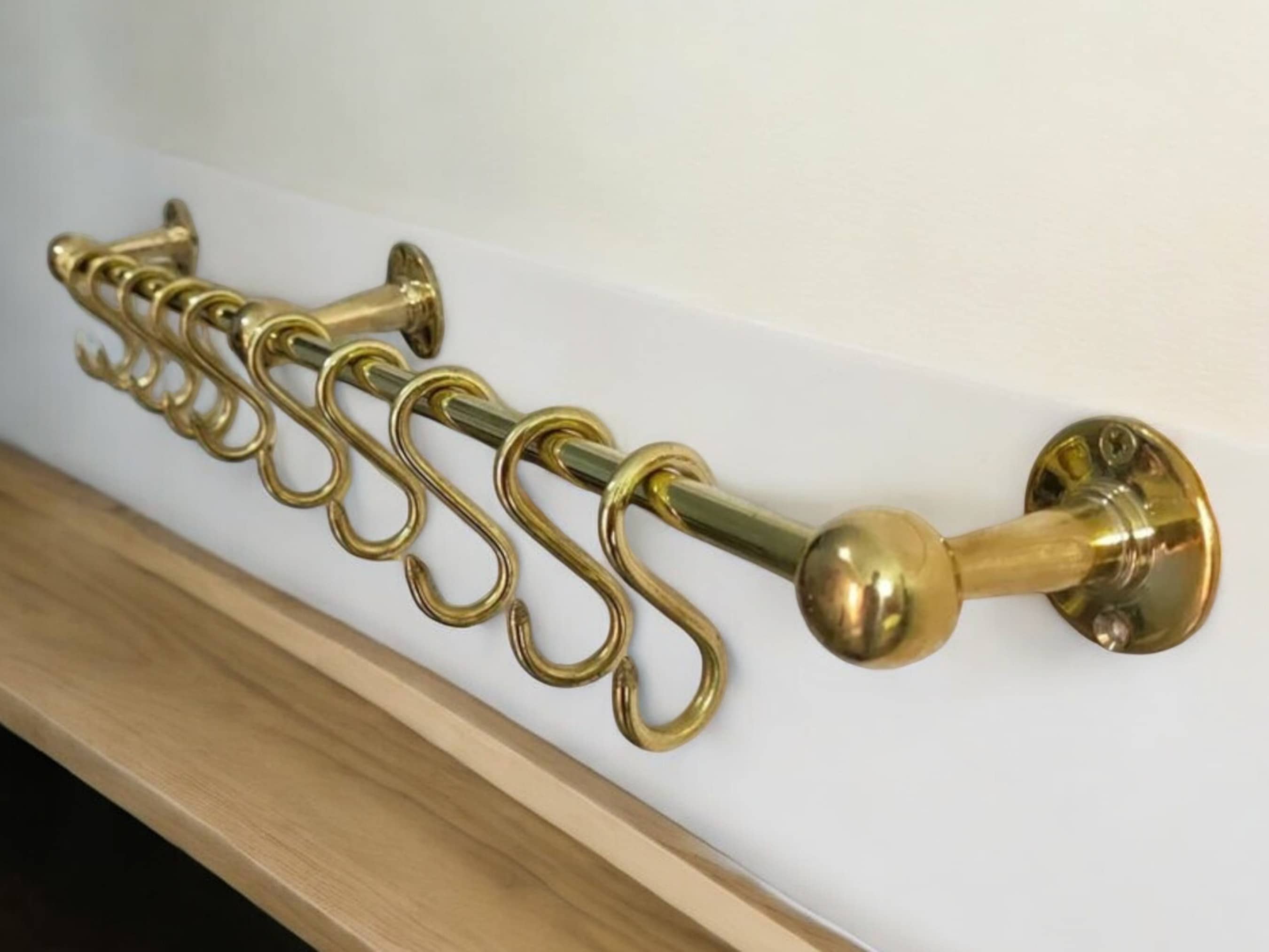 Elegant Unlacquered Brass Pot Rail with Hooks - Stylish Kitchen Storage Solution-3