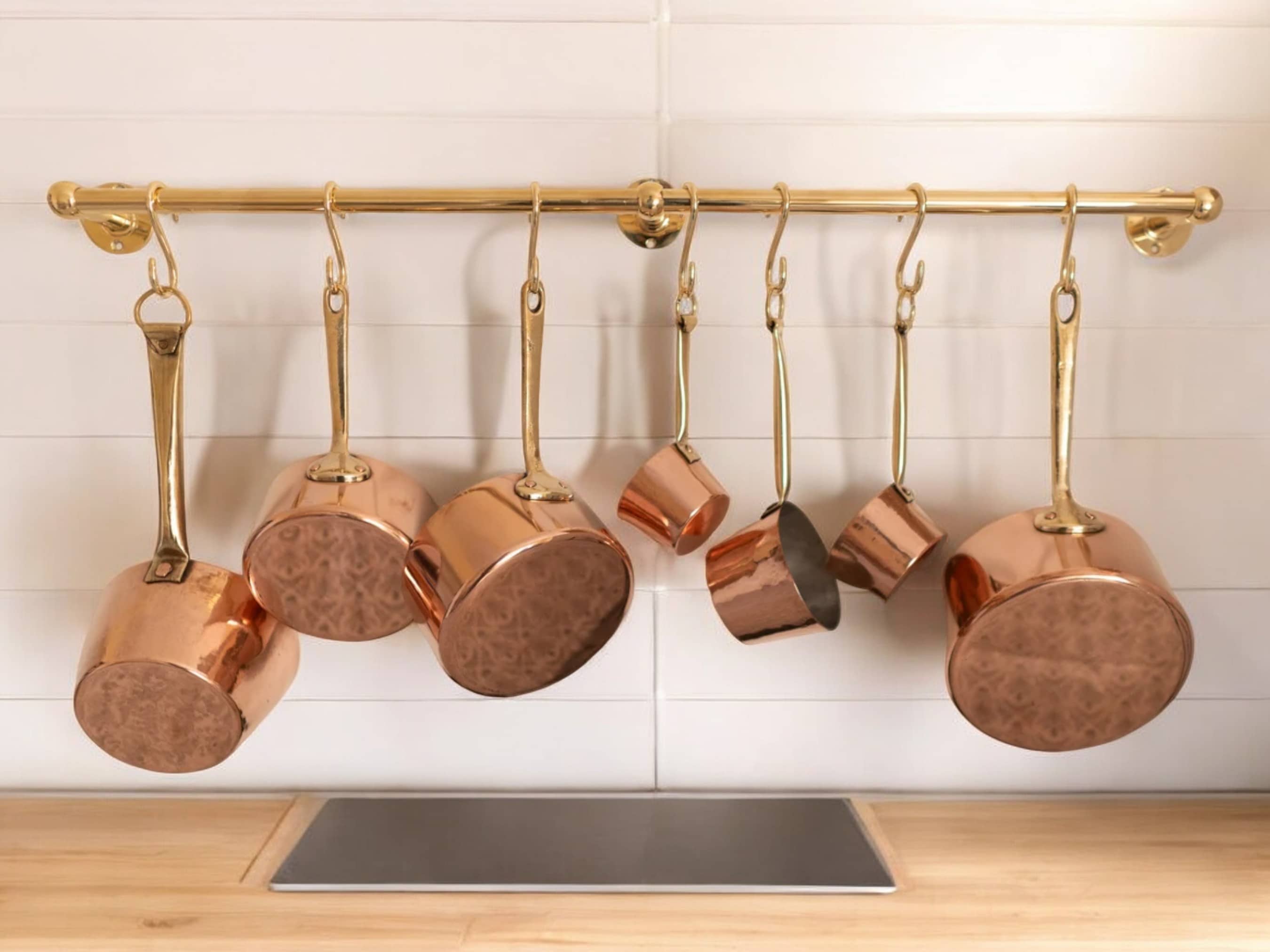 Elegant Unlacquered Brass Pot Rail with Hooks - Stylish Kitchen Storage Solution-0