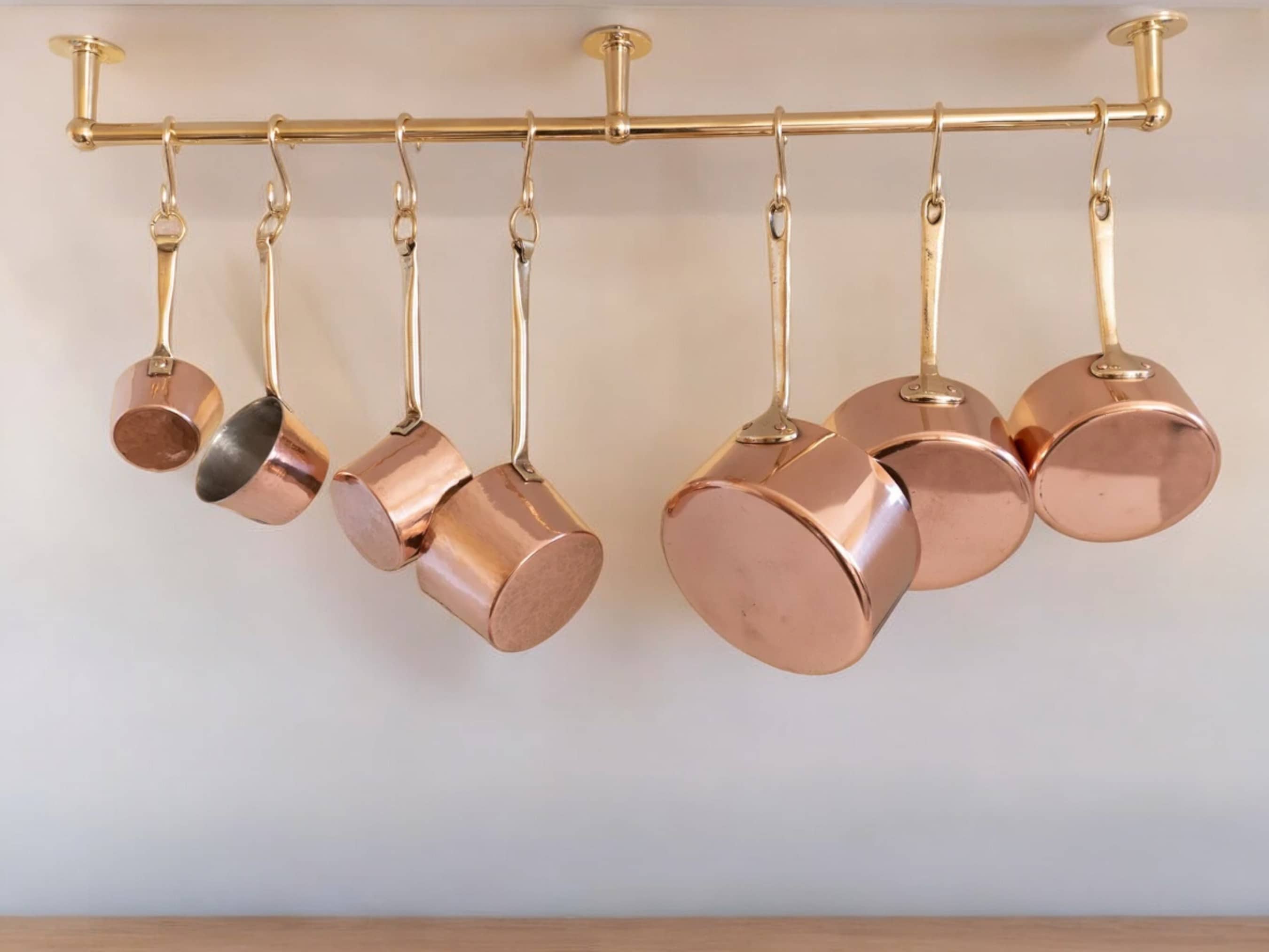 Elegant Unlacquered Brass Pot Rail with Hooks - Stylish Kitchen Storage Solution-1