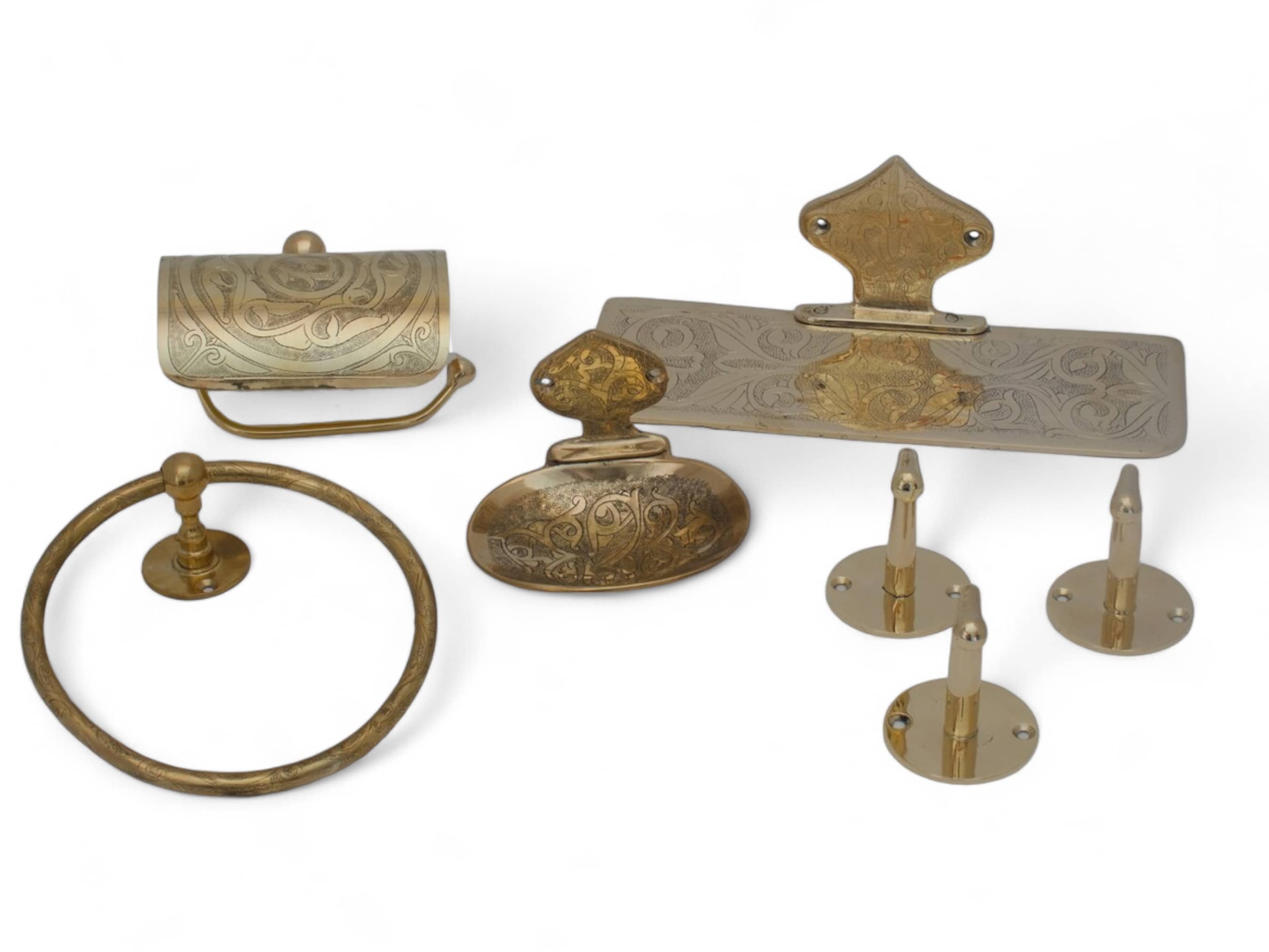 Moroccan Brass Bathroom Wall Art Set - Handcrafted 7-Piece Brass Bath Fixtures-1