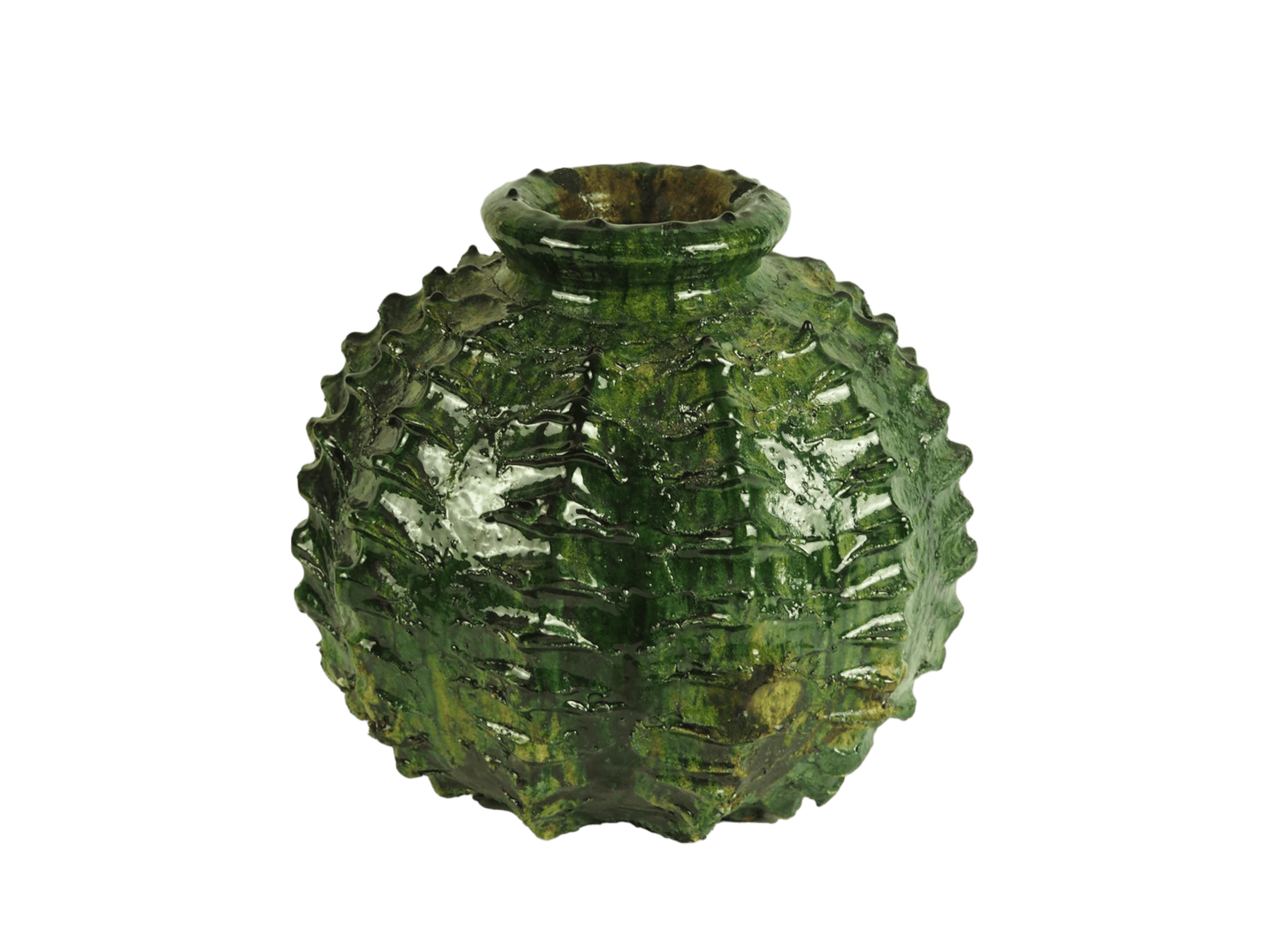 Moroccan Green Glazed Tamegroute Abstract Sea Urchin Vase Sculpture-3