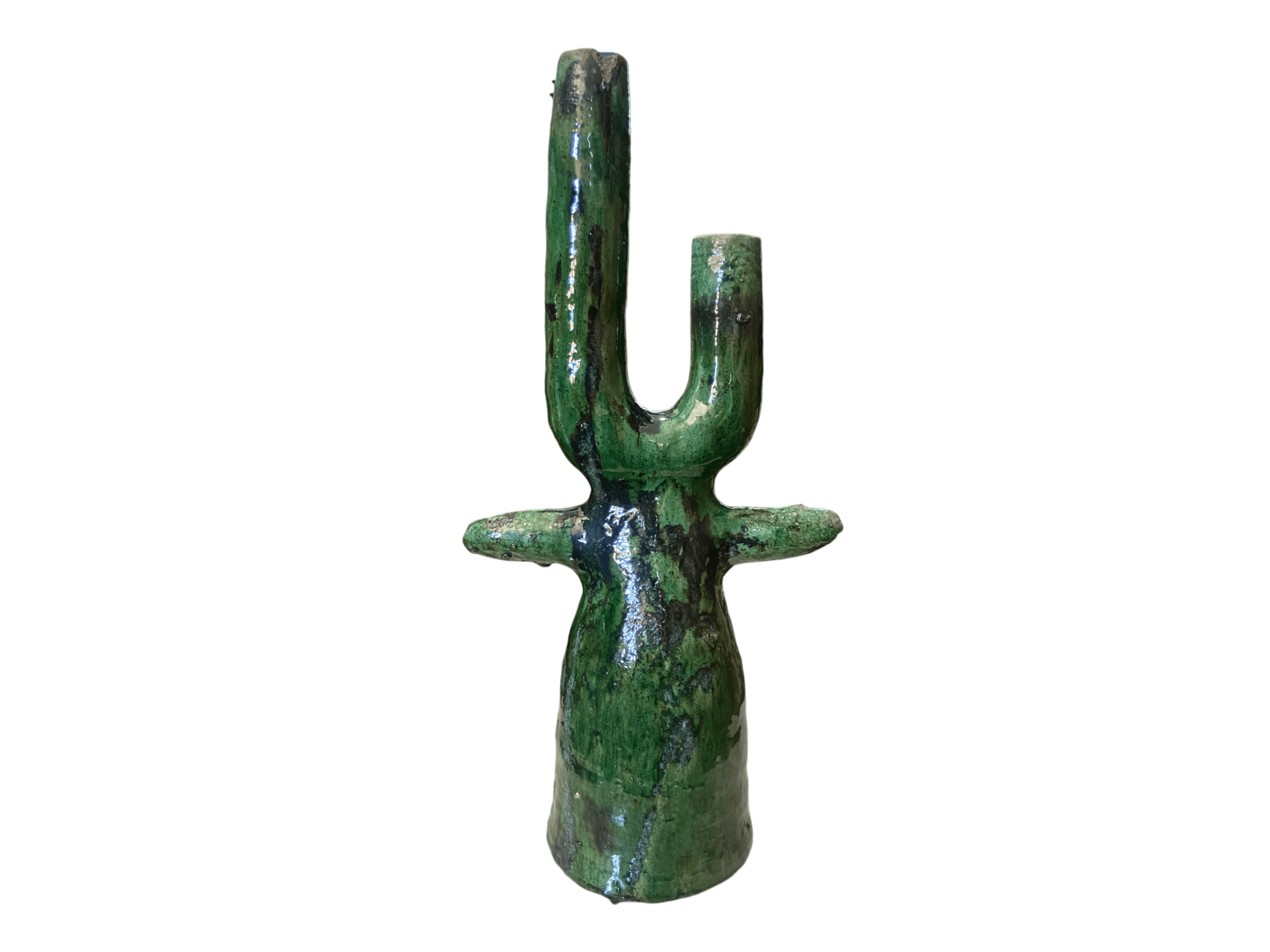 Handmade Moroccan Tamegroute  Cactus Twin Candlestick Holder - Vintage Green & Ochre Glaze-2