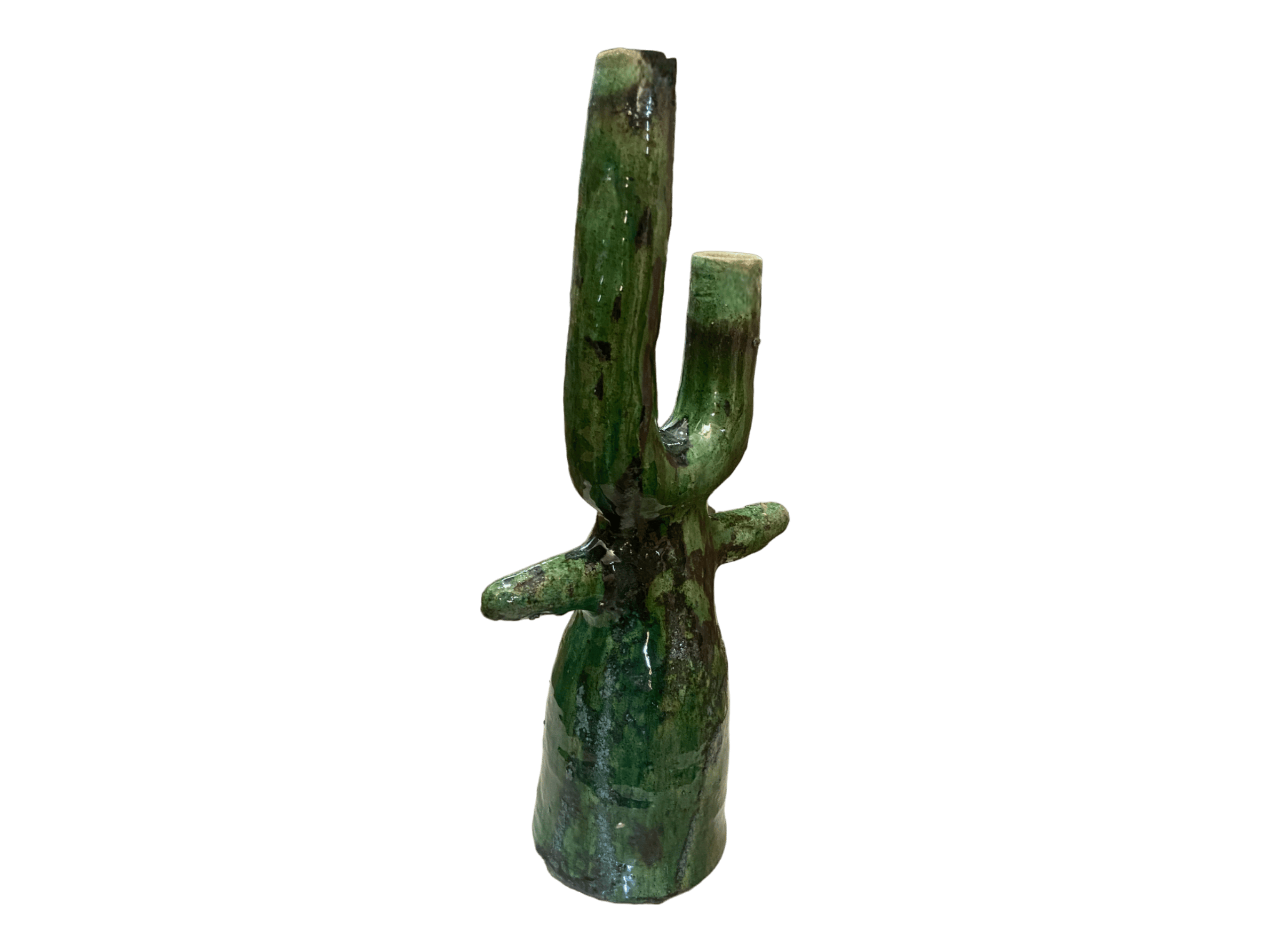 Handmade Moroccan Tamegroute  Cactus Twin Candlestick Holder - Vintage Green & Ochre Glaze-4