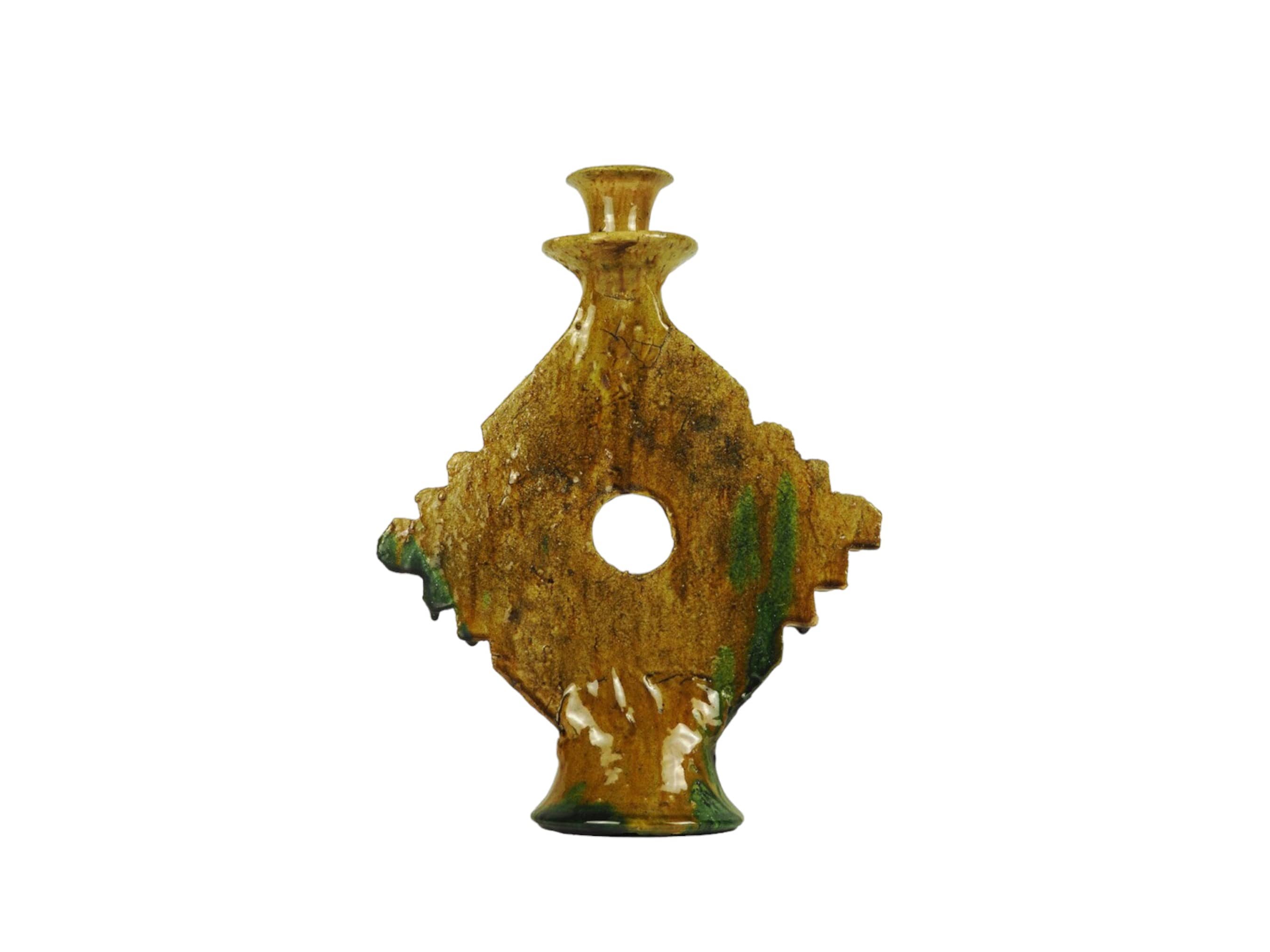 Moroccan Ochre Glazed Tamegroute Large Gothic Abstract Candlestick Holder-2