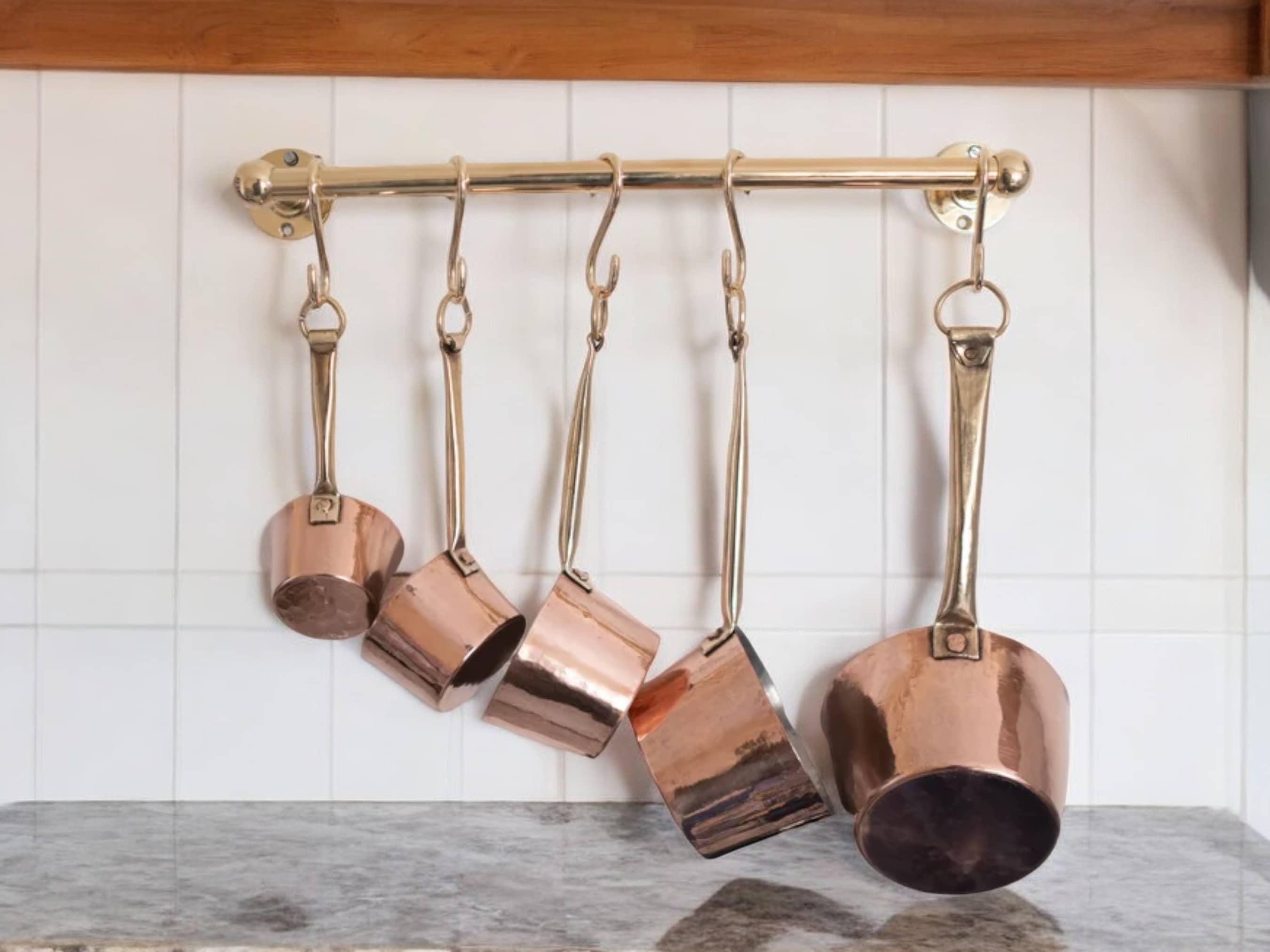 Unlacquered Brass Pot Rail with Hooks - Elegant Kitchen Pot Rack & Hangers-0