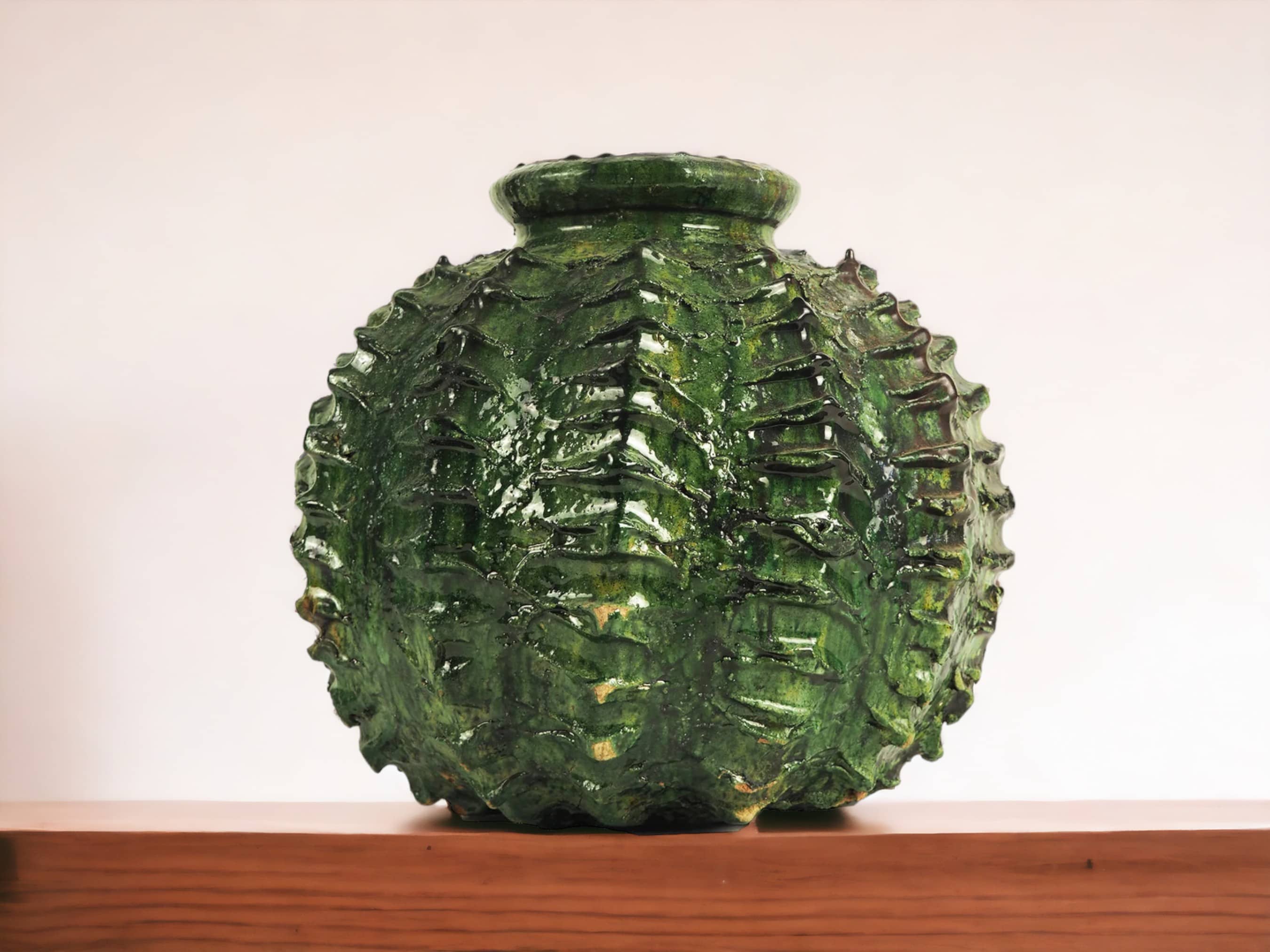 Moroccan Green Glazed Tamegroute Abstract Sea Urchin Vase Sculpture-1