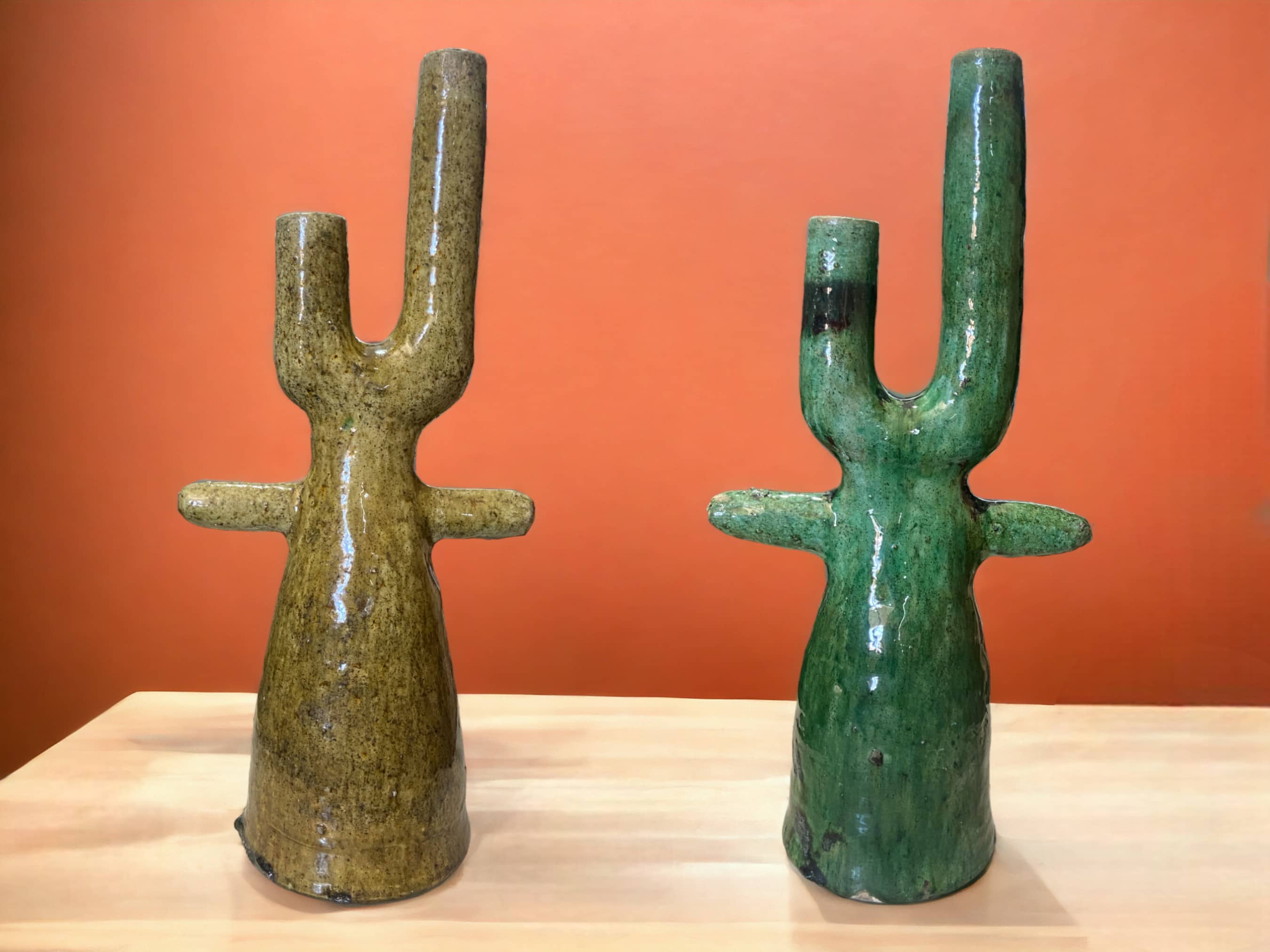 Handmade Moroccan Tamegroute  Cactus Twin Candlestick Holder - Vintage Green & Ochre Glaze-0