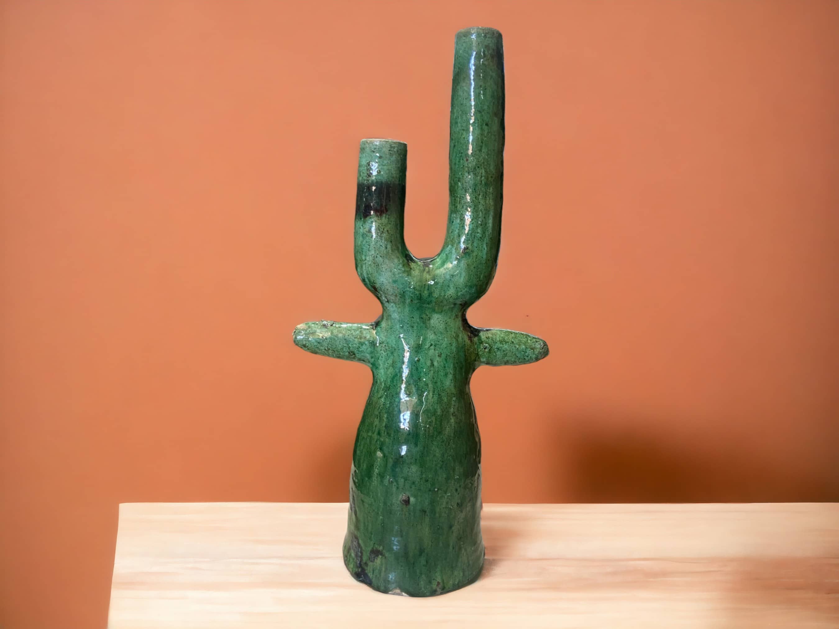 Handmade Moroccan Tamegroute  Cactus Twin Candlestick Holder - Vintage Green & Ochre Glaze-1