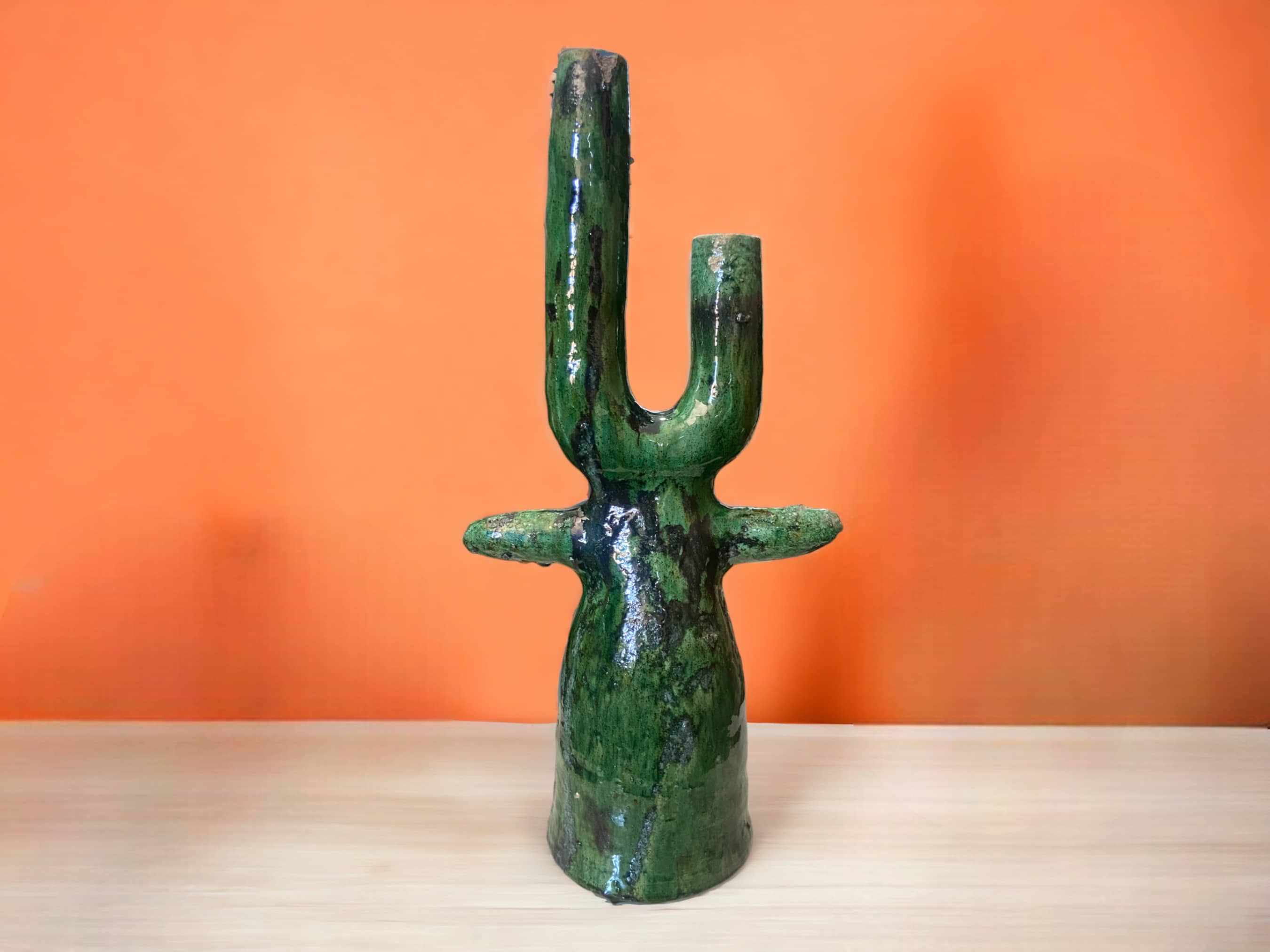 Handmade Moroccan Tamegroute  Cactus Twin Candlestick Holder - Vintage Green & Ochre Glaze-3