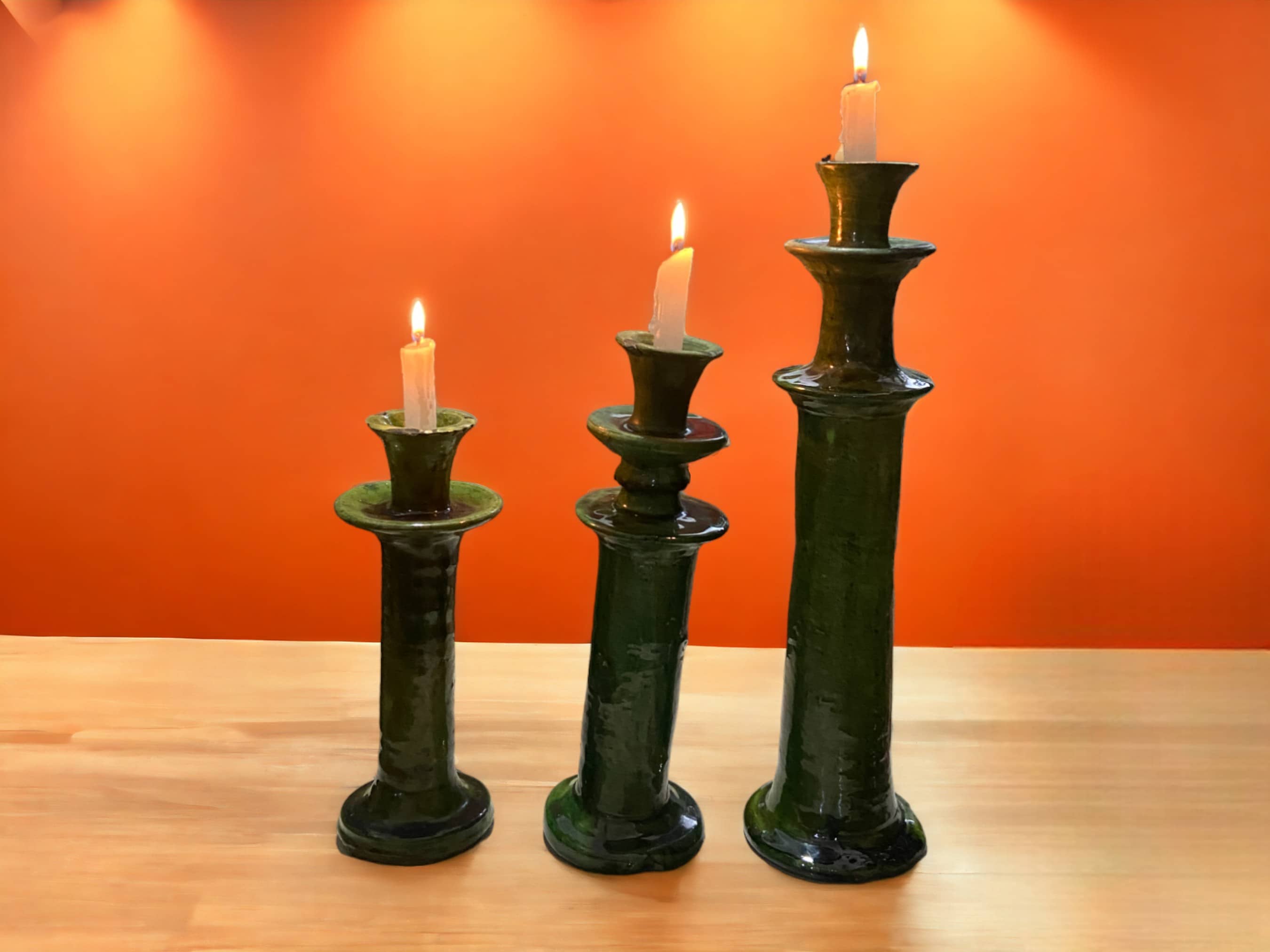 Handmade Moroccan Vintage Tamegroute Green Candlestick Holders: Set of 3 Ceramic Glazed Pottery-0