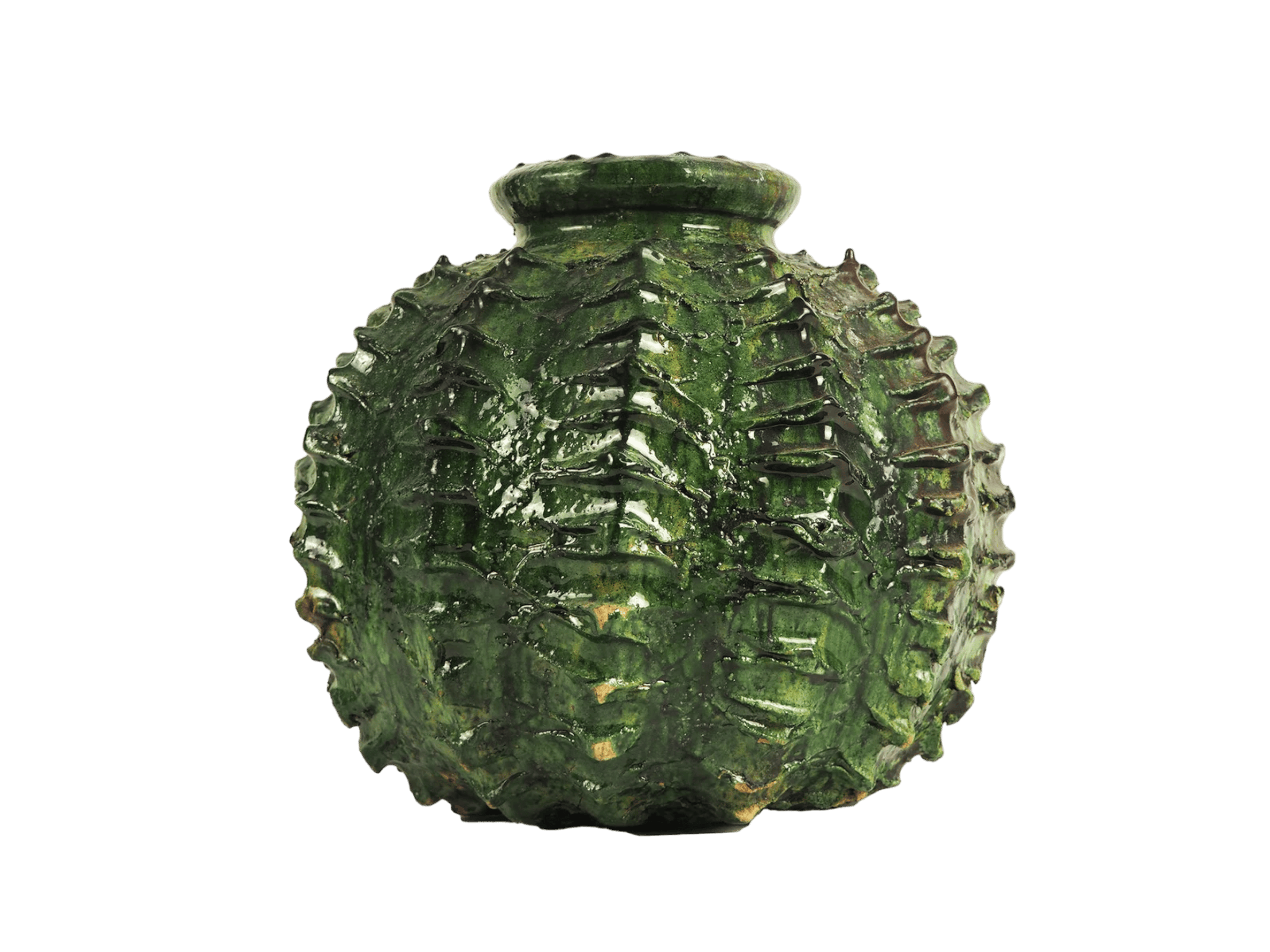 Moroccan Green Glazed Tamegroute Abstract Sea Urchin Vase Sculpture-2