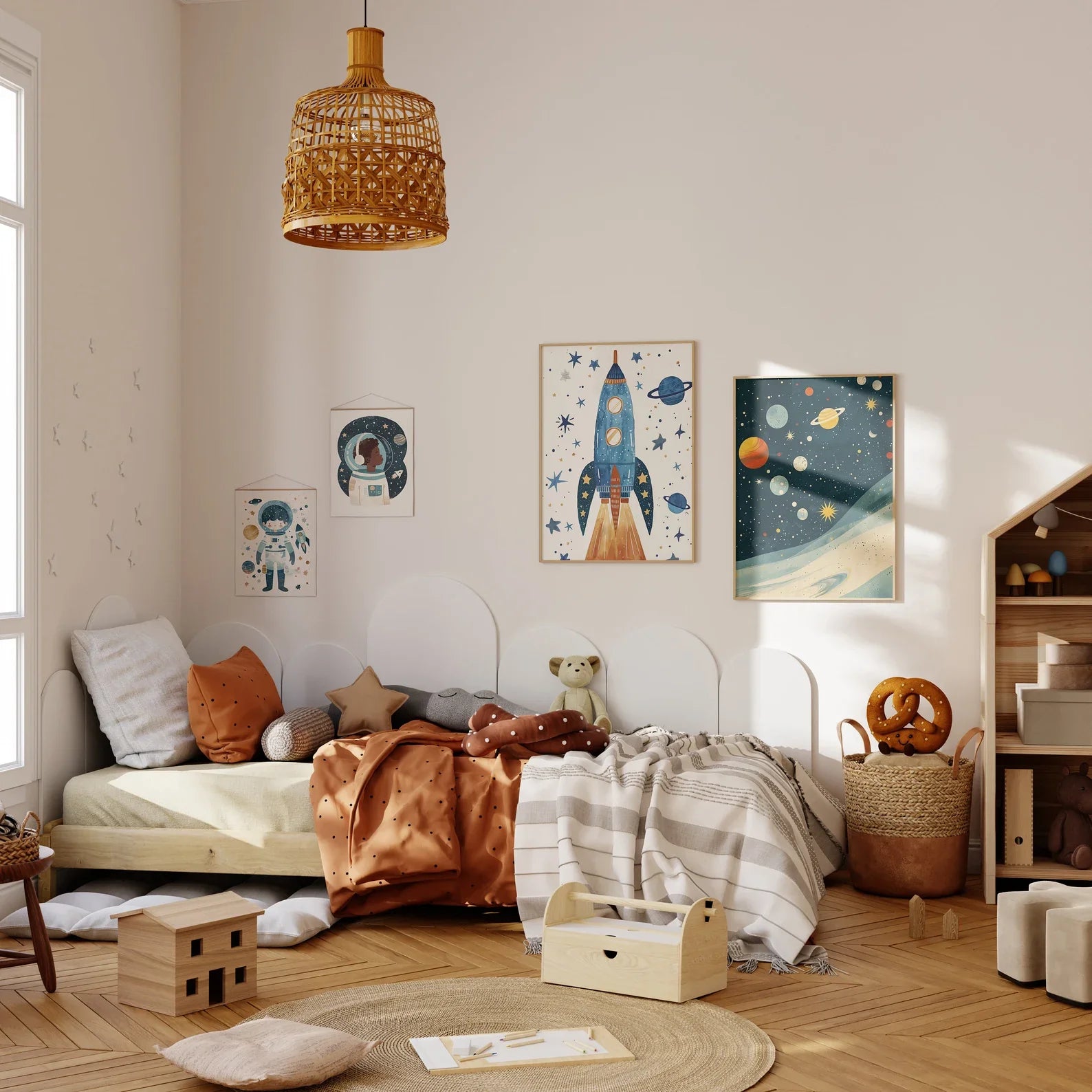 Astronaut Poster Kinderzimmer · Geschenkidee für Kinder · Kinderzimmer Deko · Weltraum Rakete & Planeten · Deko Print ohne Rahmen-1