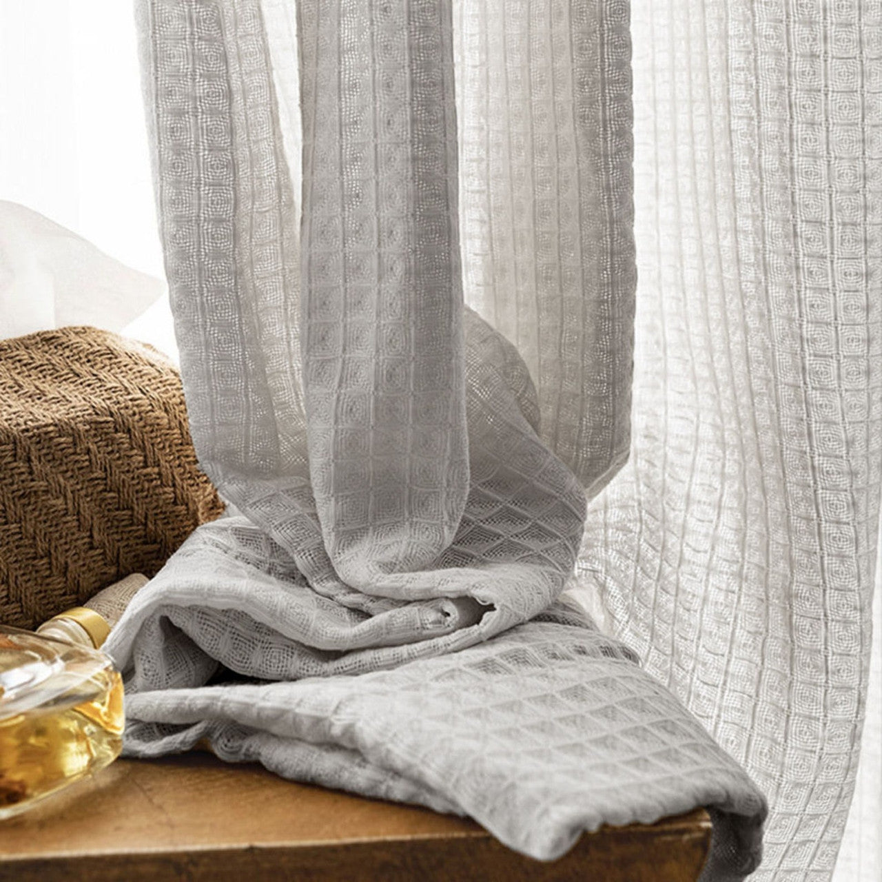 Light Grey Waffle Weave Curtains | Privacy Semi-Sheer | 4 Heading Styles | Standard & Custom Sizes-1