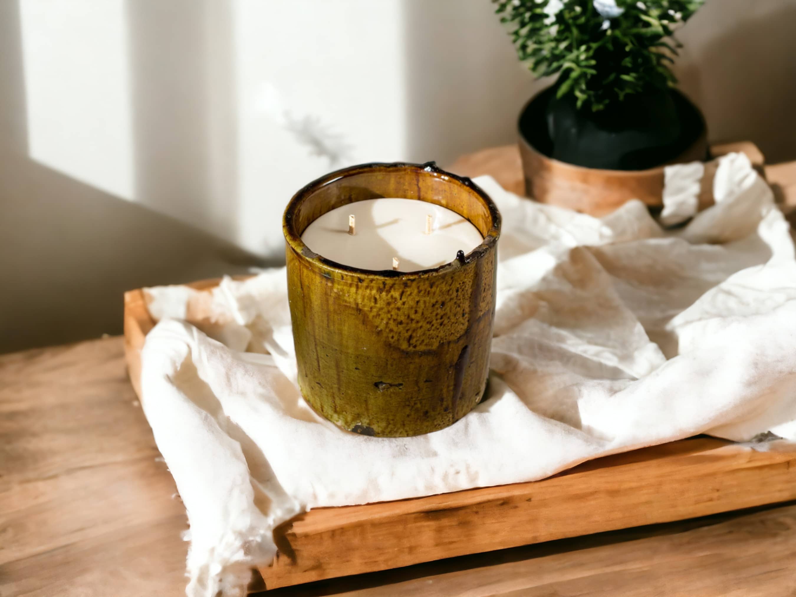 Luxury Handmade Moroccan Shaded Ochre Tamegroute Scented Soy Wax Candle with Ceramic Holder-3