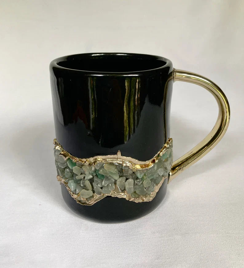 Set of 2 |Black and Gold Ceramic Big Coffee/Tea/Juice/Beverage Mug with Light Green Semi-precious Agate Crystal | 12 oz/355 ml-4