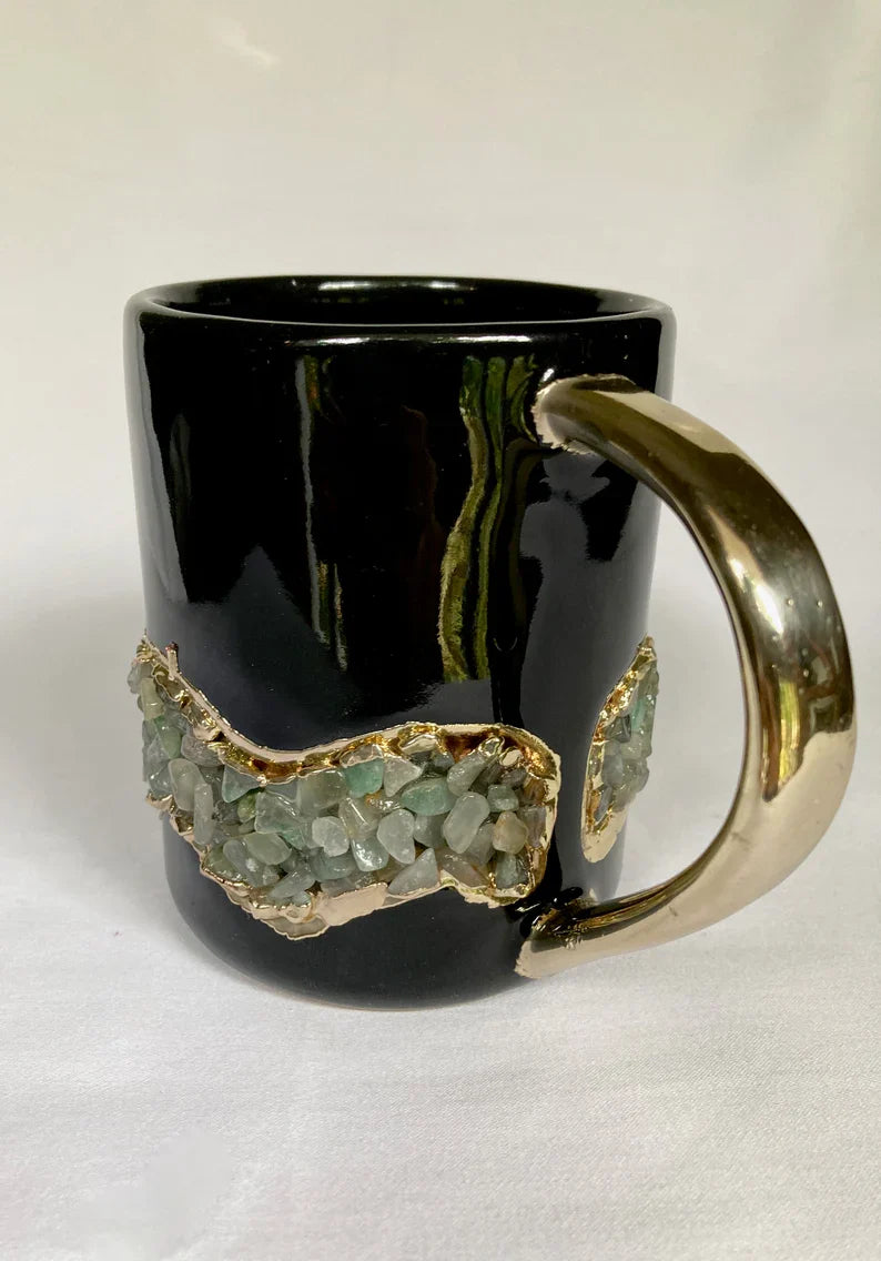 Set of 2 |Black and Gold Ceramic Big Coffee/Tea/Juice/Beverage Mug with Light Green Semi-precious Agate Crystal | 12 oz/355 ml-3