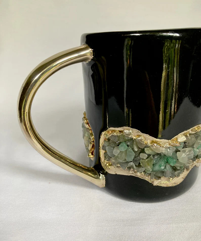 Set of 2 |Black and Gold Ceramic Big Coffee/Tea/Juice/Beverage Mug with Light Green Semi-precious Agate Crystal | 12 oz/355 ml-2