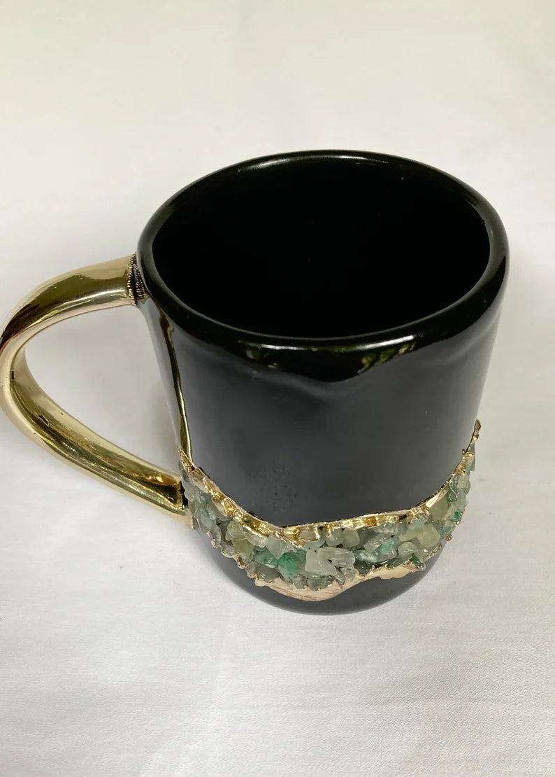 Set of 2 |Black and Gold Ceramic Big Coffee/Tea/Juice/Beverage Mug with Light Green Semi-precious Agate Crystal | 12 oz/355 ml-1