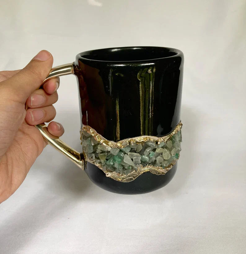 Set of 2 |Black and Gold Ceramic Big Coffee/Tea/Juice/Beverage Mug with Light Green Semi-precious Agate Crystal | 12 oz/355 ml-0