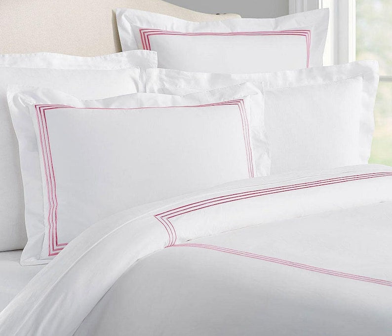 White with Bubblegum Pink - Cotton Sateen, Pure Linen, Linen Cotton Mix | 3 Piece Embroidered Edge Duvet Cover Set | Handmade | Pre-washed-0