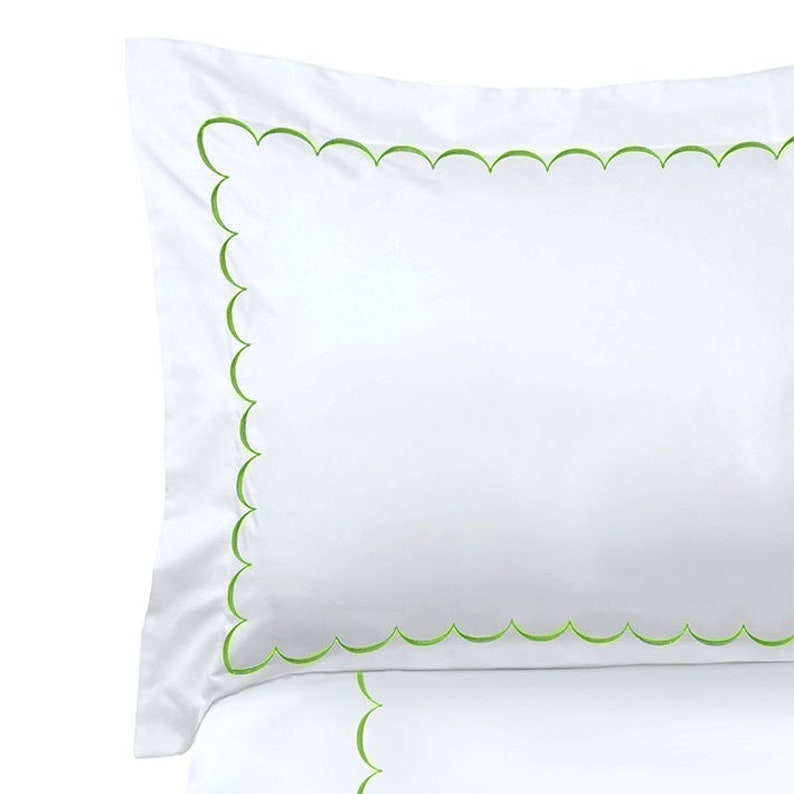 White with Spring Green - Cotton Sateen, Pure Linen, Linen Cotton Mix | 3 Piece Embroidered Edge Duvet Cover Set | Handmade | Pre-washed-2