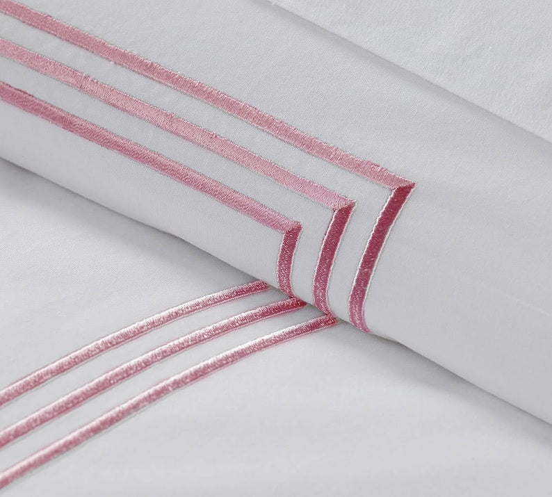 White with Bubblegum Pink - Cotton Sateen, Pure Linen, Linen Cotton Mix | 3 Piece Embroidered Edge Duvet Cover Set | Handmade | Pre-washed-1