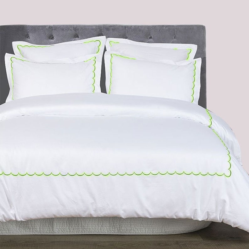 White with Spring Green - Cotton Sateen, Pure Linen, Linen Cotton Mix | 3 Piece Embroidered Edge Duvet Cover Set | Handmade | Pre-washed-0