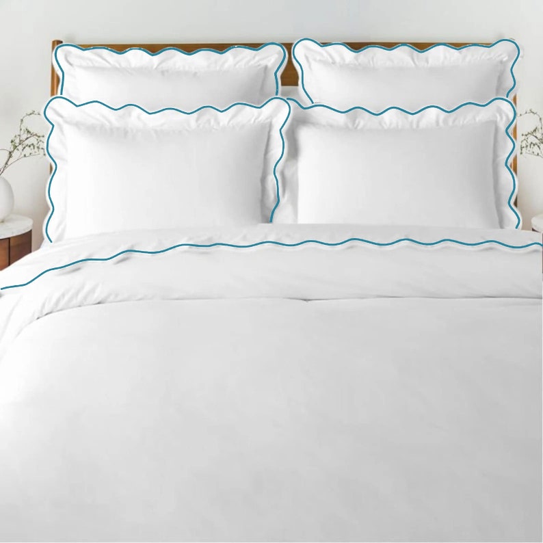 White with Teal Blue - Cotton Sateen, Pure Linen, Linen Cotton Mix | 3 Piece Embroidered Edge Duvet Cover Set | Handmade | Pre-washed-0