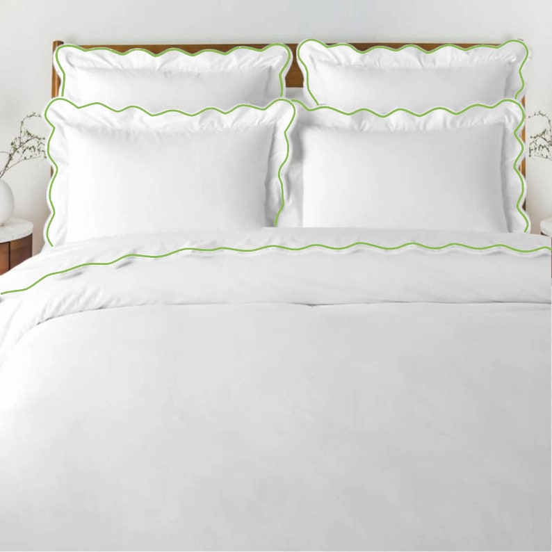 White with Spring Green - Cotton Sateen, Pure Linen, Linen Cotton Mix | 3 Piece Embroidered Edge Duvet Cover Set | Handmade | Pre-washed-0