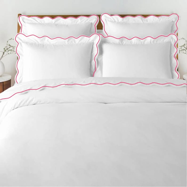 White with Bubblegum Pink - Cotton Sateen, Pure Linen, Linen Cotton Mix | 3 Piece Embroidered Edge Duvet Cover Set | Handmade | Pre-washed-0