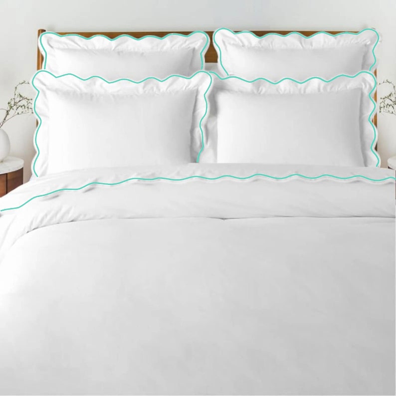 White with Turquoise Blue - Cotton Sateen, Pure Linen, Linen Cotton Mix | 3 Piece Embroidered Edge Duvet Cover Set | Handmade | Pre-washed-0