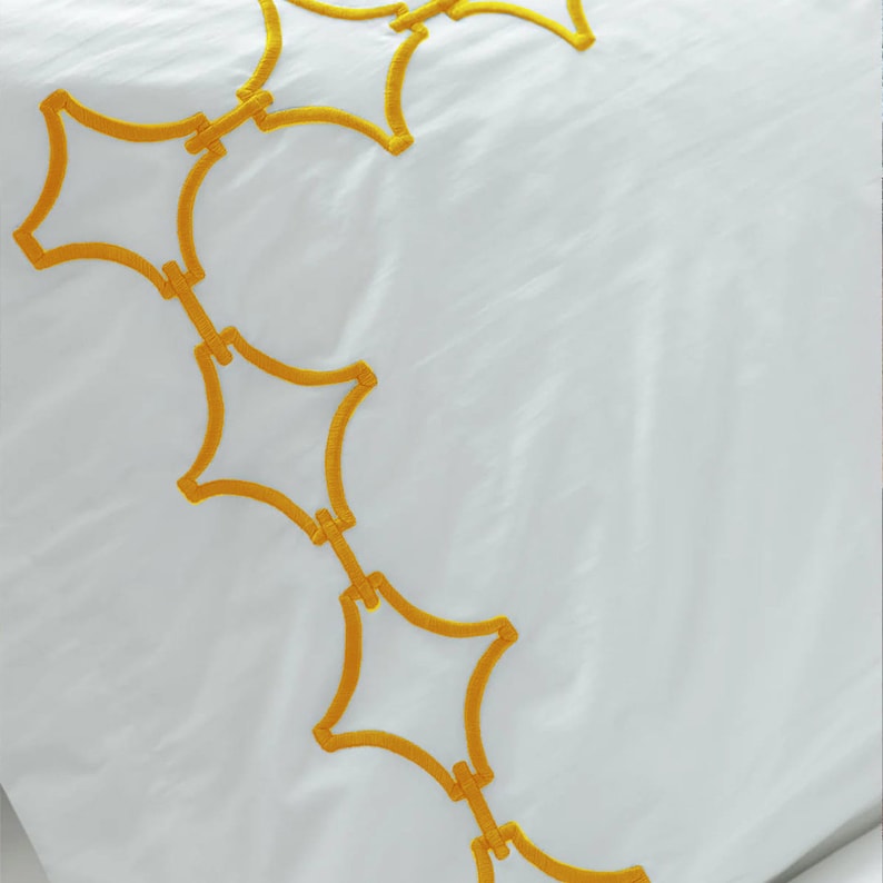 White with Yellow - Cotton Sateen, Pure Linen, Linen Cotton Mix | 3 Piece Embroidered Edge Duvet Cover Set | Handmade | Pre-washed-2