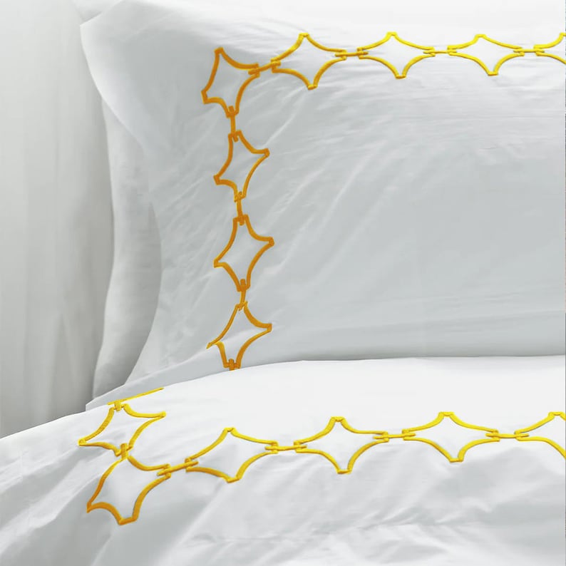 White with Yellow - Cotton Sateen, Pure Linen, Linen Cotton Mix | 3 Piece Embroidered Edge Duvet Cover Set | Handmade | Pre-washed-0