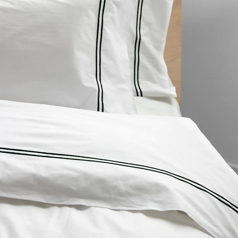 White with Black Embroidery - Cotton Sateen, Pure Linen, Linen Cotton Mix | 3 Piece Embroidered Edge Duvet Cover Set | Handmade | Pre-washed-3