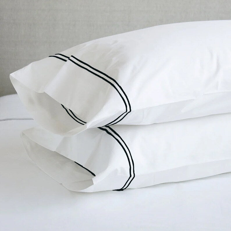 White with Black Embroidery - Cotton Sateen, Pure Linen, Linen Cotton Mix | 3 Piece Embroidered Edge Duvet Cover Set | Handmade | Pre-washed-1