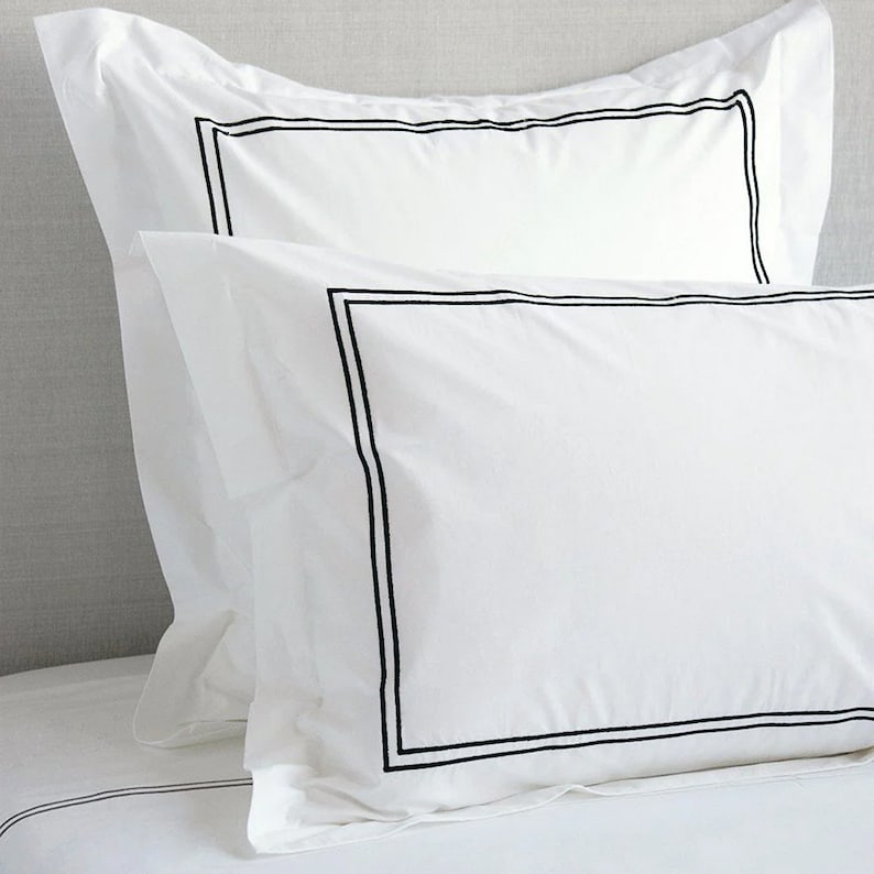 White with Black Embroidery - Cotton Sateen, Pure Linen, Linen Cotton Mix | 3 Piece Embroidered Edge Duvet Cover Set | Handmade | Pre-washed-4