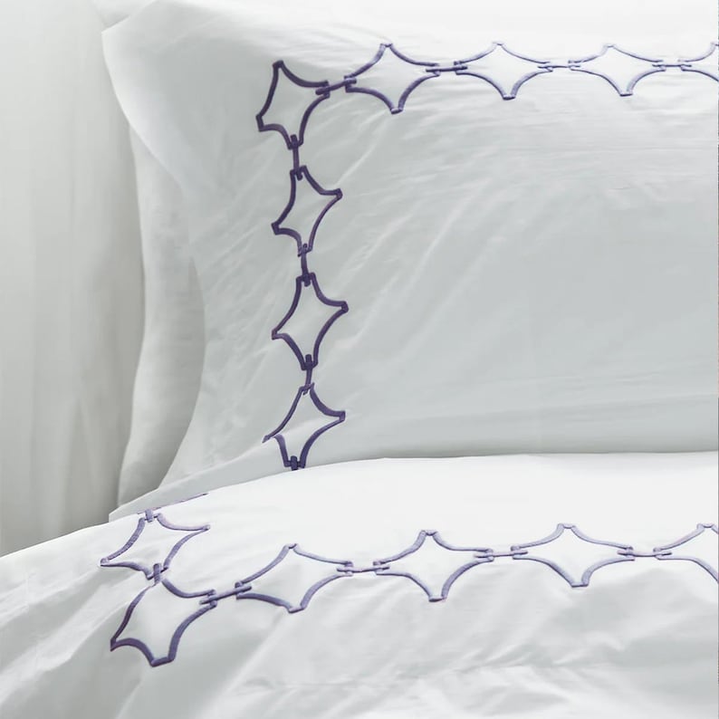 White with Grape Purple - Cotton Sateen, Pure Linen, Linen Cotton Mix | 3 Piece Embroidered Edge Duvet Cover Set | Handmade | Pre-washed-1