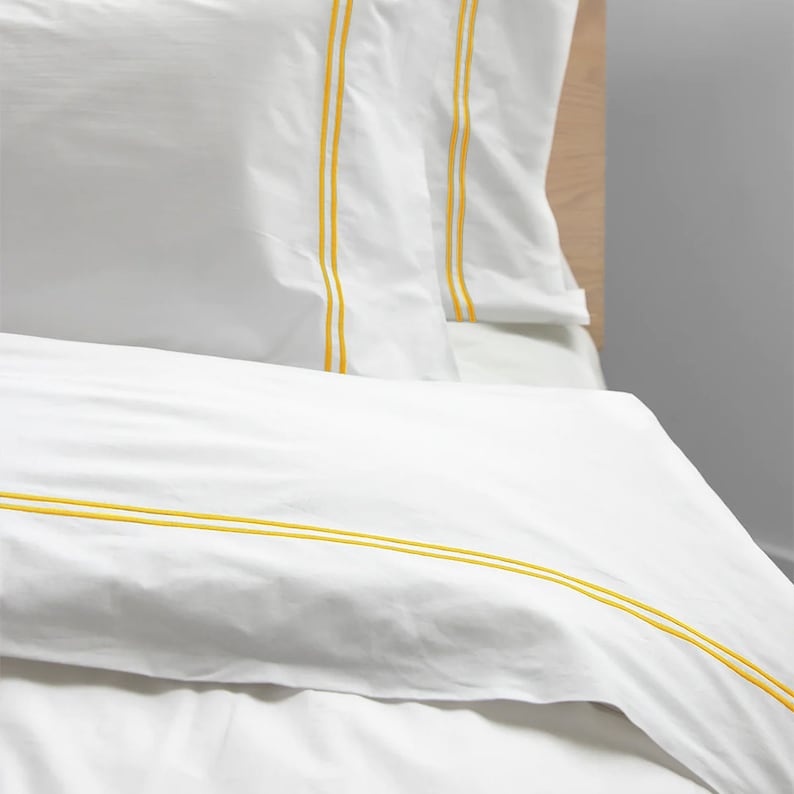 White with Yellow - Cotton Sateen, Pure Linen, Linen Cotton Mix | 3 Piece Embroidered Edge Duvet Cover Set | Handmade | Pre-washed-0