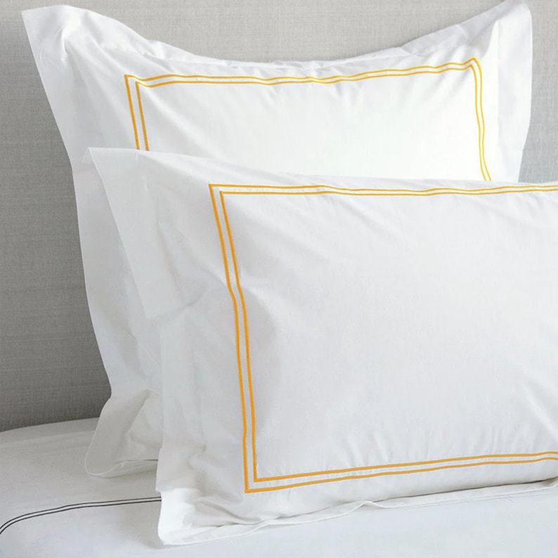 White with Yellow - Cotton Sateen, Pure Linen, Linen Cotton Mix | 3 Piece Embroidered Edge Duvet Cover Set | Handmade | Pre-washed-1