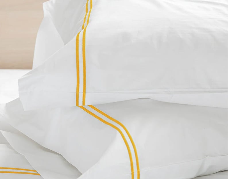 White with Yellow - Cotton Sateen, Pure Linen, Linen Cotton Mix | 3 Piece Embroidered Edge Duvet Cover Set | Handmade | Pre-washed-4