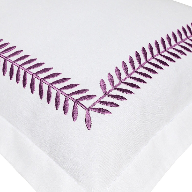 White with Grape Purple - Cotton Sateen, Pure Linen, Linen Cotton Mix | 3 Piece Embroidered Edge Duvet Cover Set | Handmade | Pre-washed-1