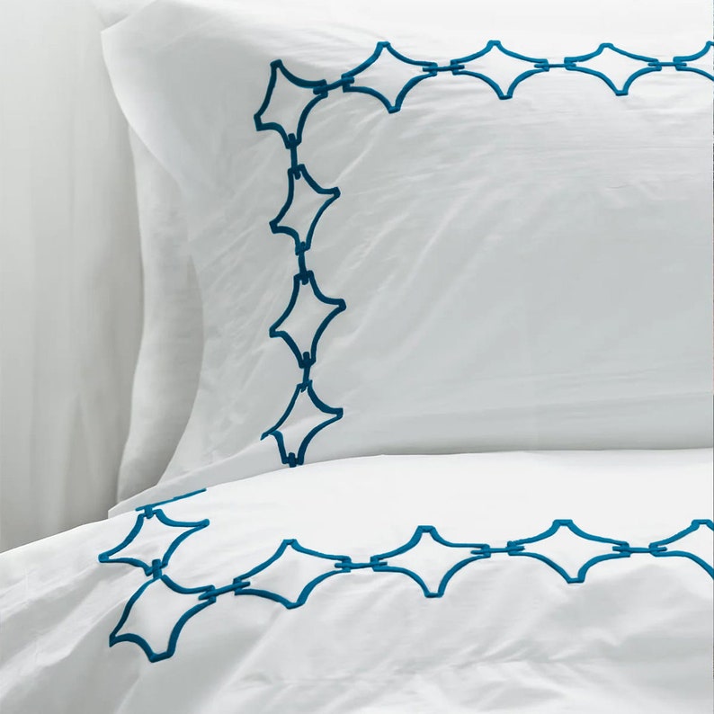 White with Teal Blue - Cotton Sateen, Pure Linen, Linen Cotton Mix | 3 Piece Embroidered Edge Duvet Cover Set | Handmade | Pre-washed-1