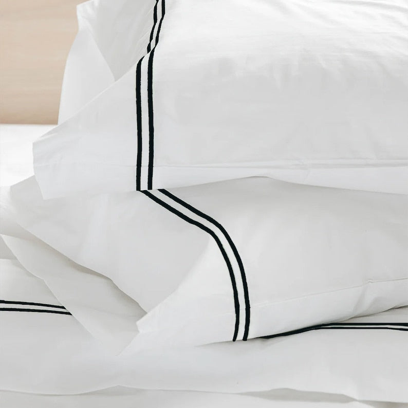 White with Black Embroidery - Cotton Sateen, Pure Linen, Linen Cotton Mix | 3 Piece Embroidered Edge Duvet Cover Set | Handmade | Pre-washed-0