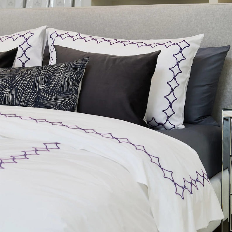 White with Grape Purple - Cotton Sateen, Pure Linen, Linen Cotton Mix | 3 Piece Embroidered Edge Duvet Cover Set | Handmade | Pre-washed-0